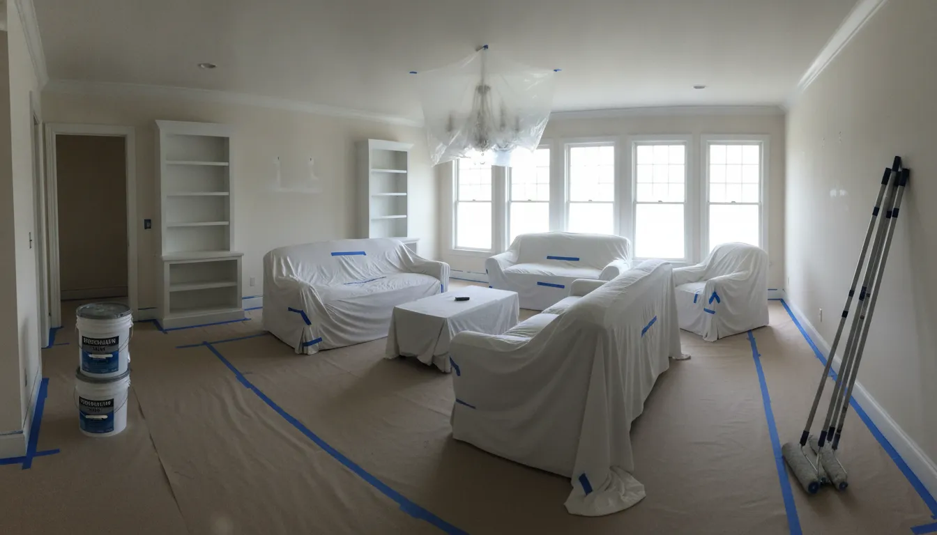Living room cleared and covered before professional interior painting