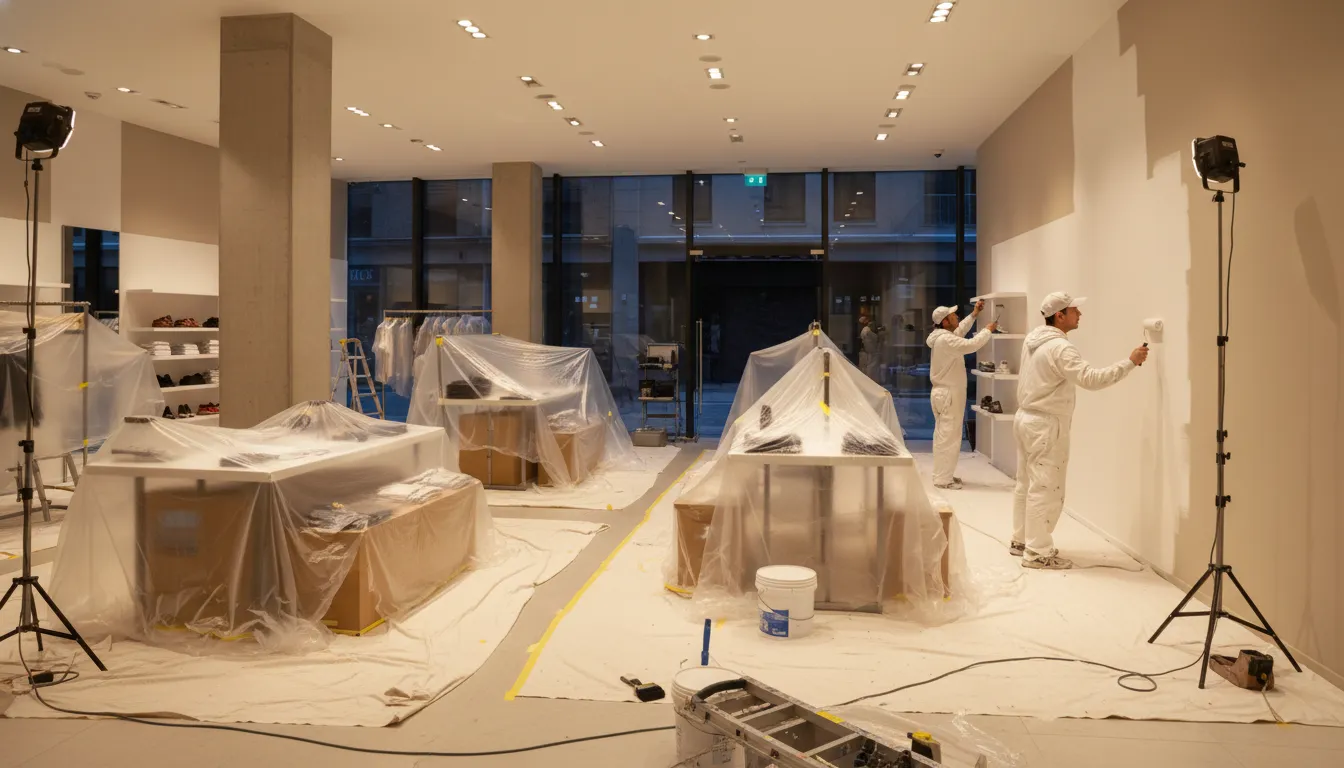 Professional painters refreshing a modern retail store interior