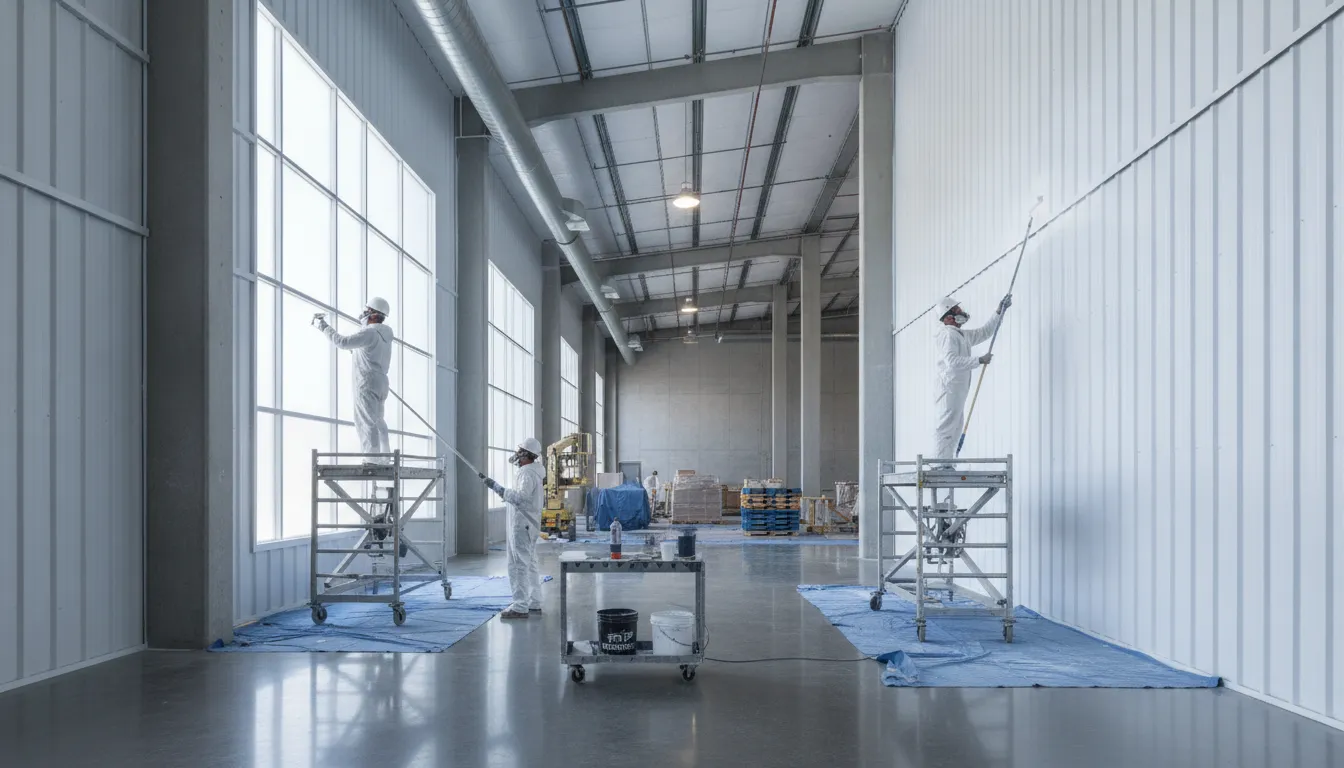 A professional commercial painting crew applying specialty coatings inside a Boise warehouse facility