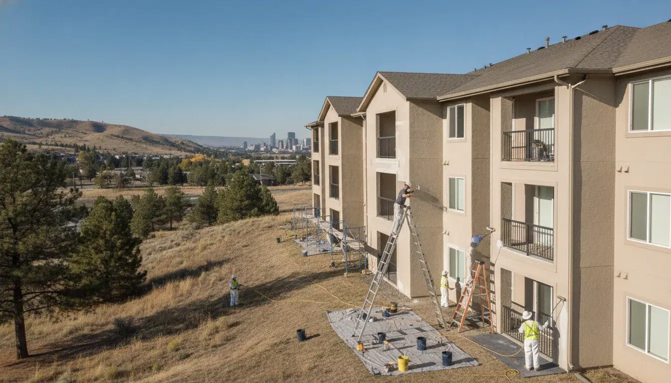 Professional painting crew working on the exterior of a multi-family apartment building in Boise Idaho