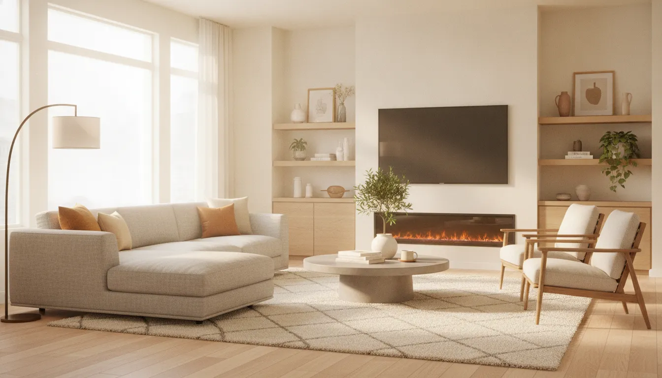 A beautifully decorated Boise home interior painted in warm off-white tones under natural warm lighting