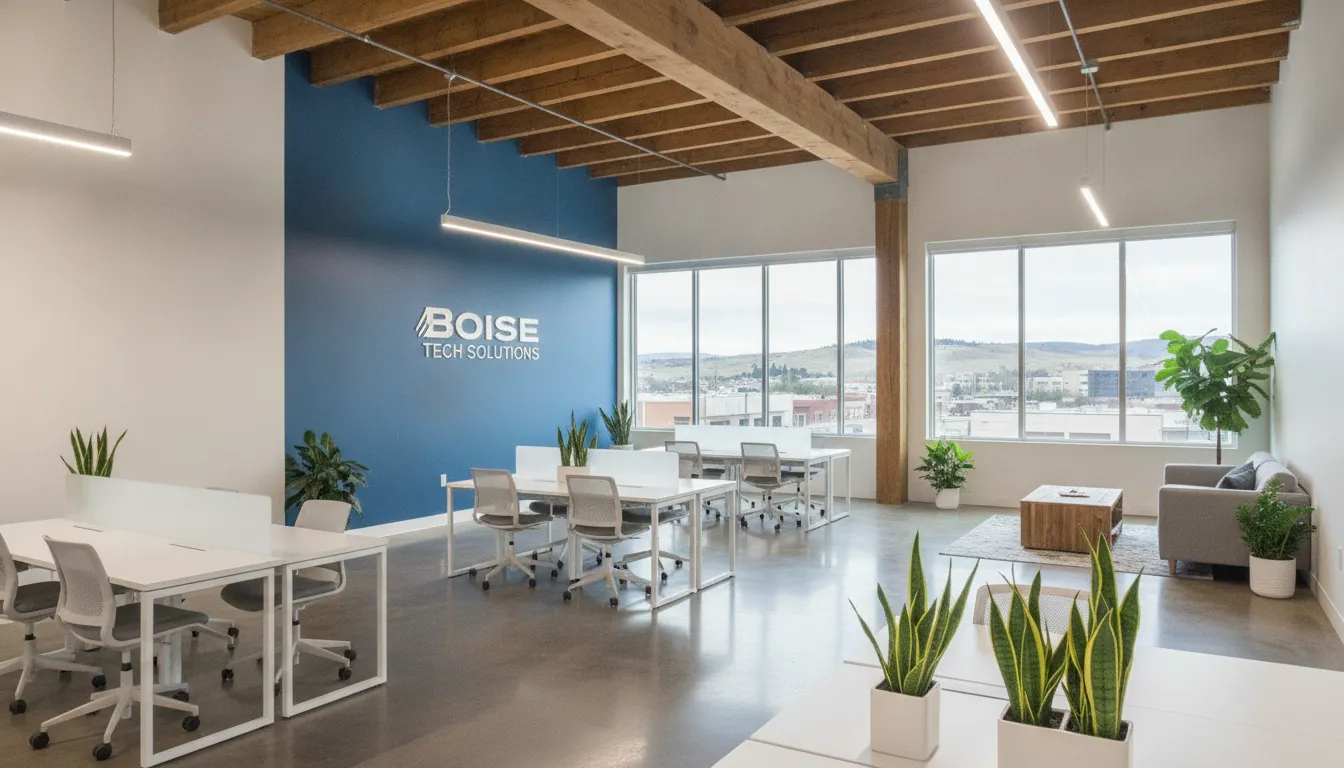 Modern commercial office interior with professional paint finish and blue accent wall