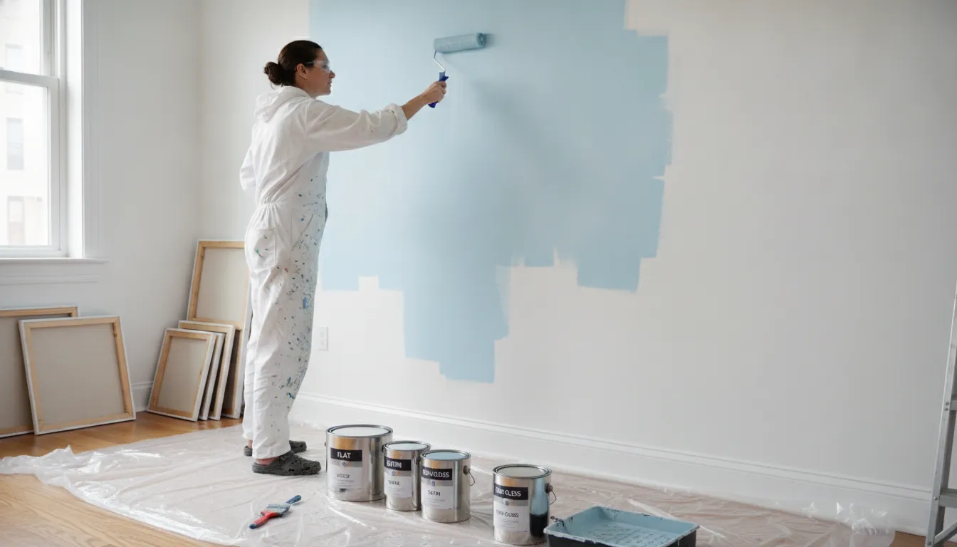 Professional painter holding a paint roller with paint cans labeled flat, eggshell, satin, semi-gloss, and high-gloss arranged on a drop cloth