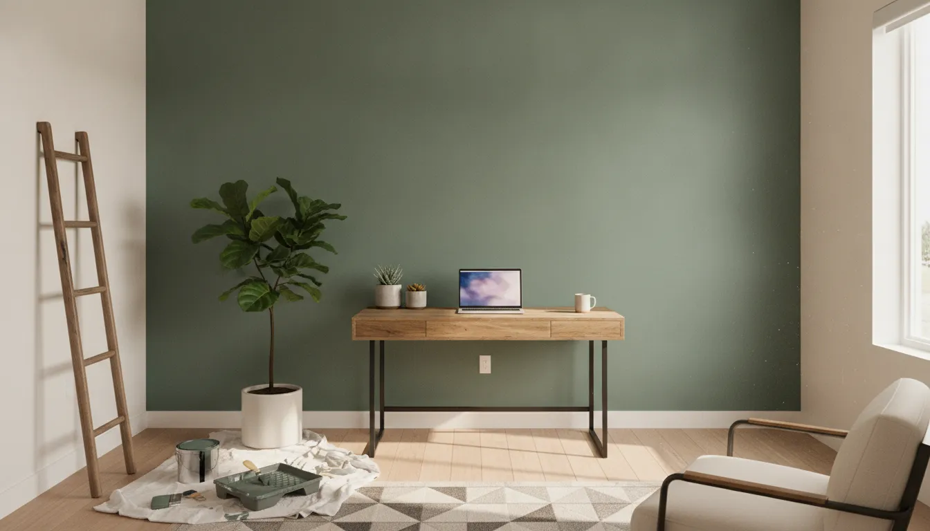 Bright modern home office with a freshly painted navy accent wall, desk with plants, and natural light streaming through windows