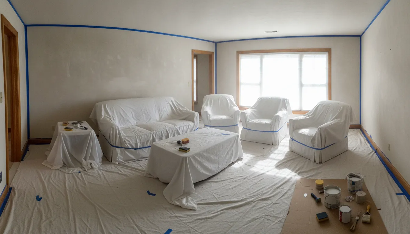 Room prepared for painting with furniture covered in drop cloths and painter's tape on trim