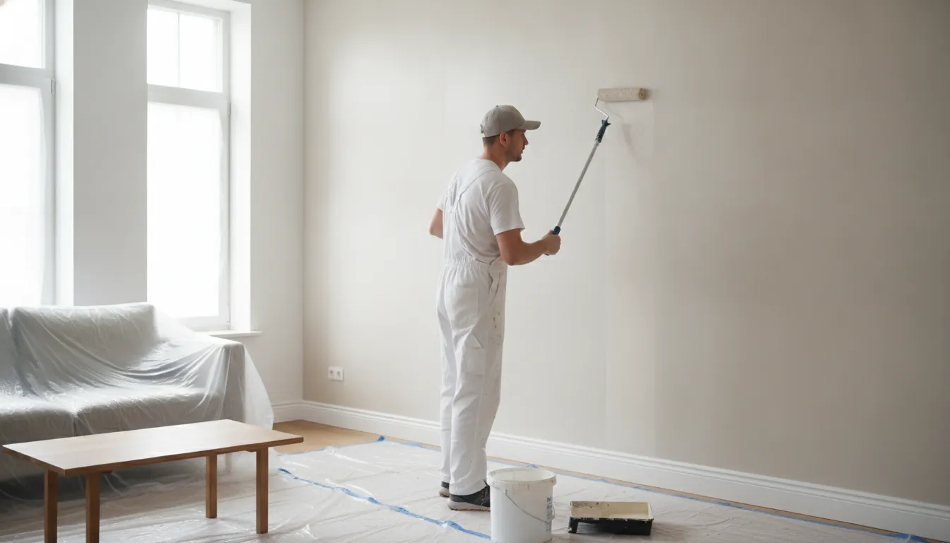 Professional painter painting a room interior with roller in a bright living room