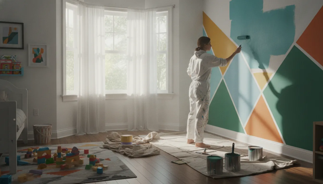 Professional painter applying colorful geometric accent wall design in a bright children's bedroom