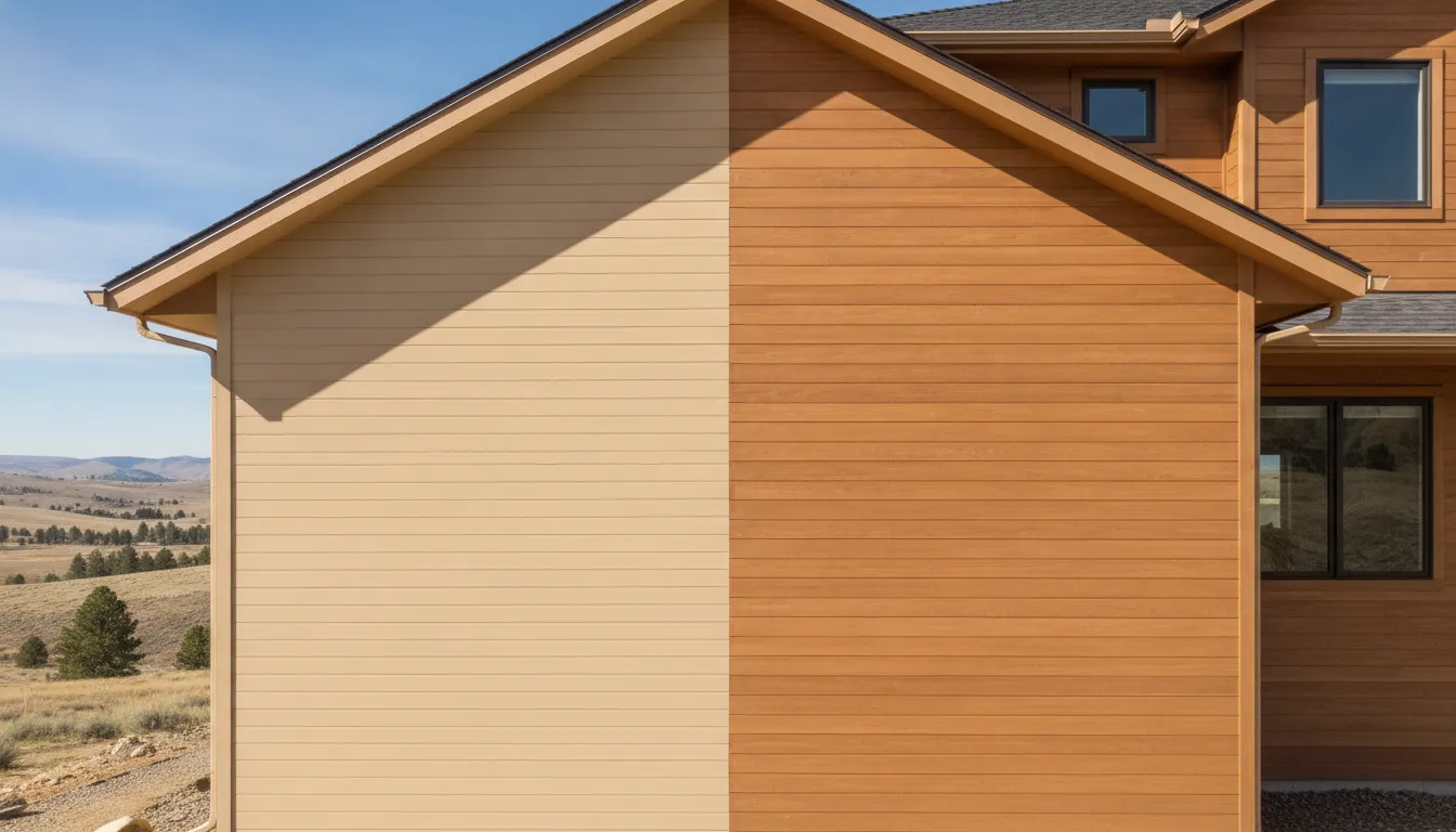 Split-view comparison of painted versus stained cedar siding on a Boise Idaho home, with warm beige paint on the left and natural cedar grain on the right