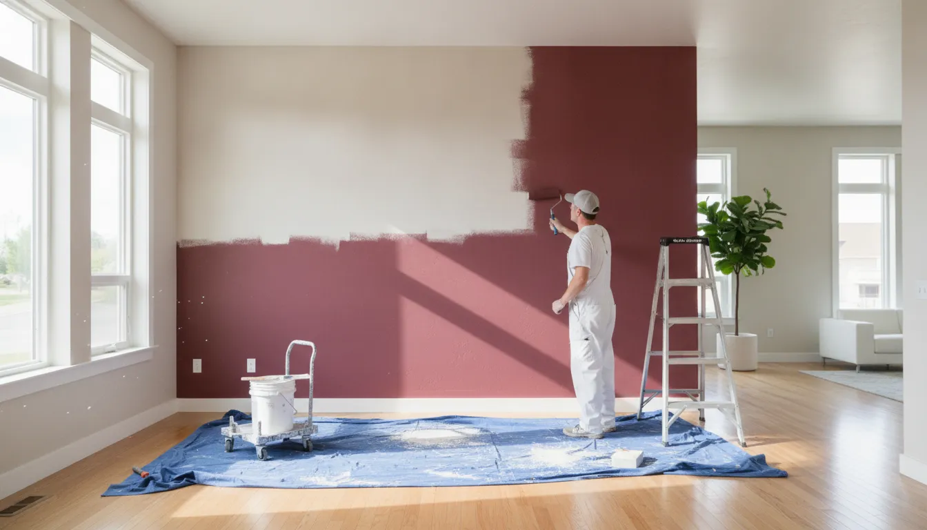 Professional painter applying primer over a dark accent wall in a bright Boise home