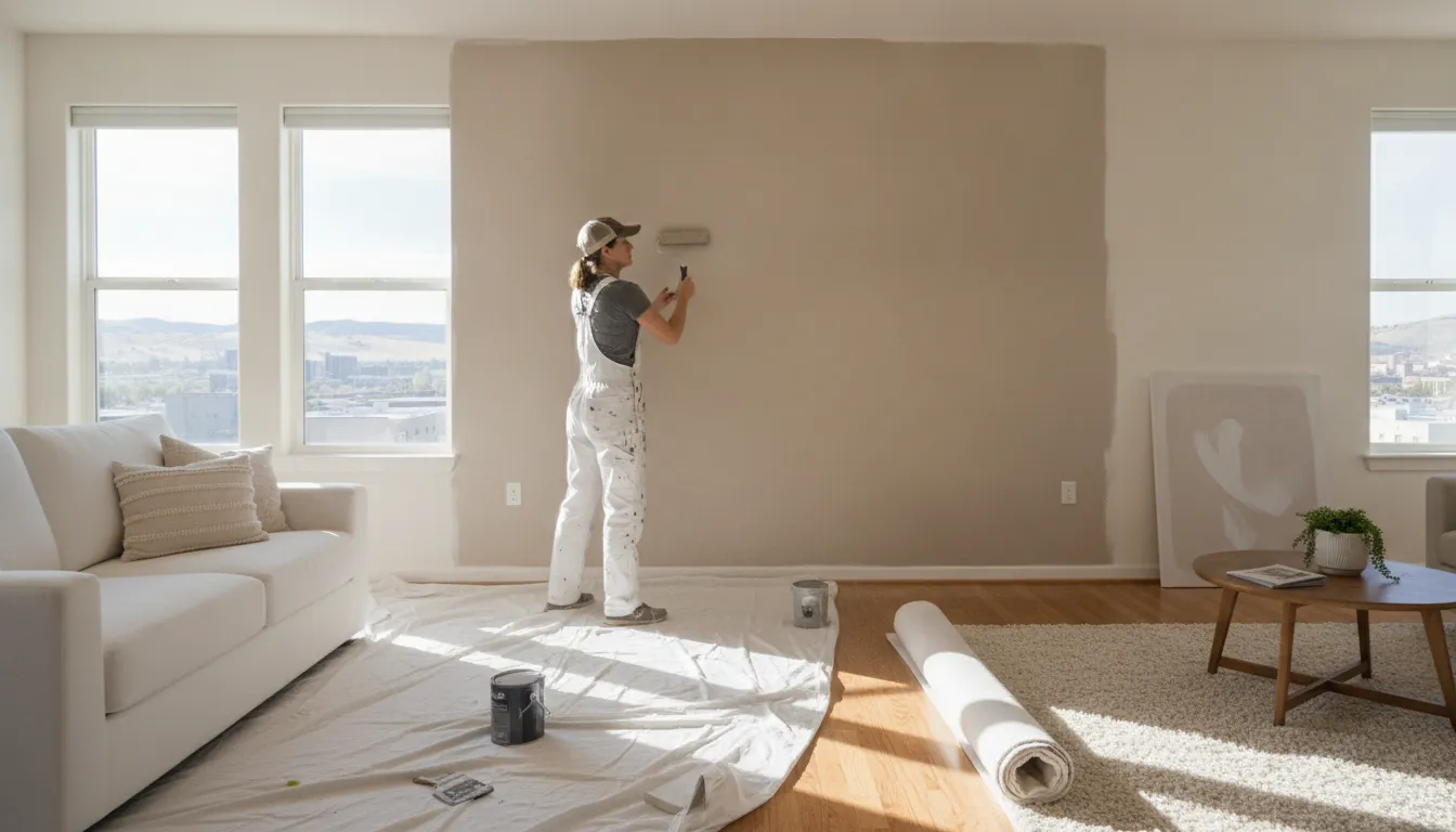 Professional painter rolling a neutral warm gray paint onto a wall in a Boise rental living room