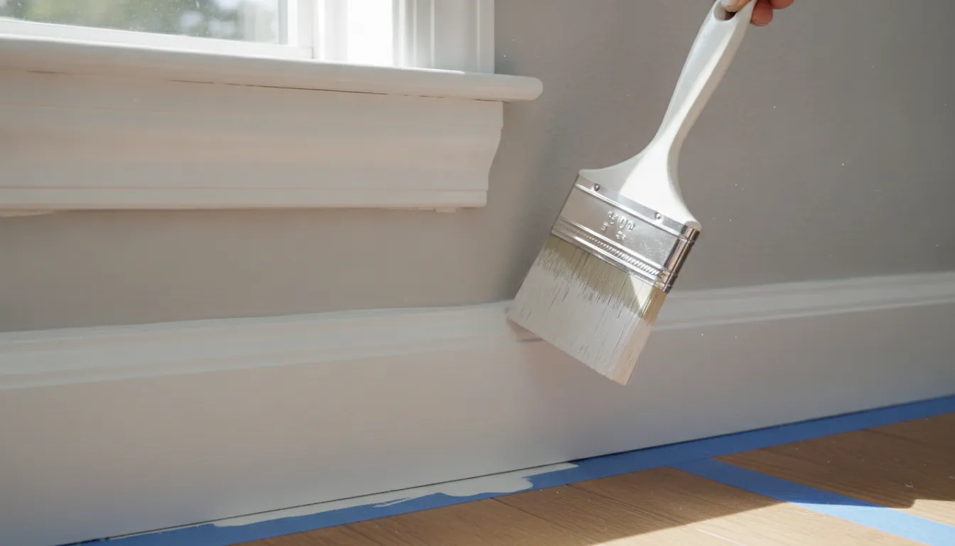 Close-up of a professional painter using an angled brush to paint white baseboards and window trim
