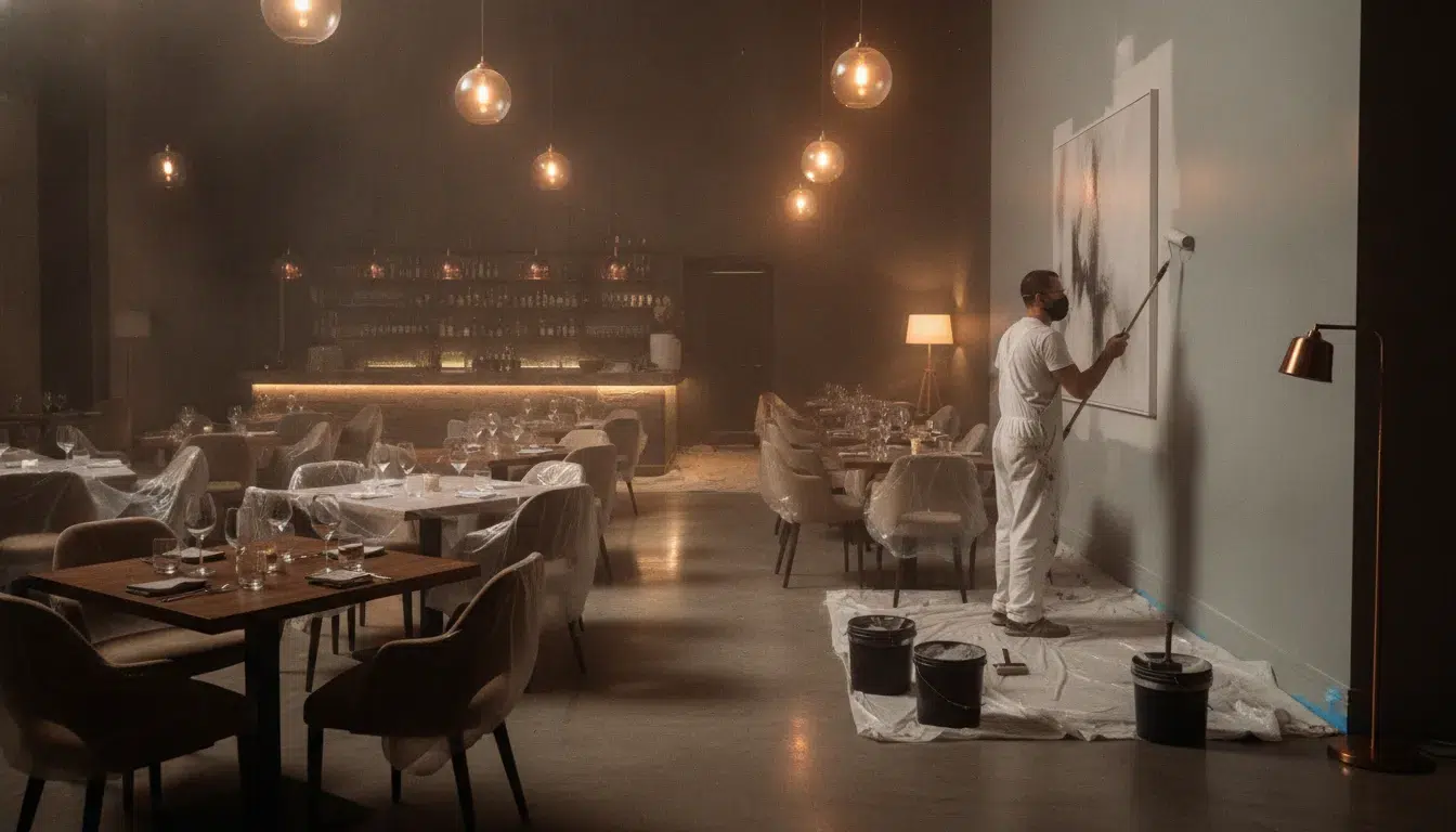 A beautifully repainted restaurant interior with elegant warm lighting and tables after hours