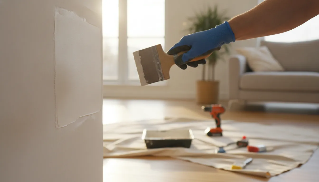 A painter smoothing joint compound over a freshly patched section of interior drywall with a putty knife