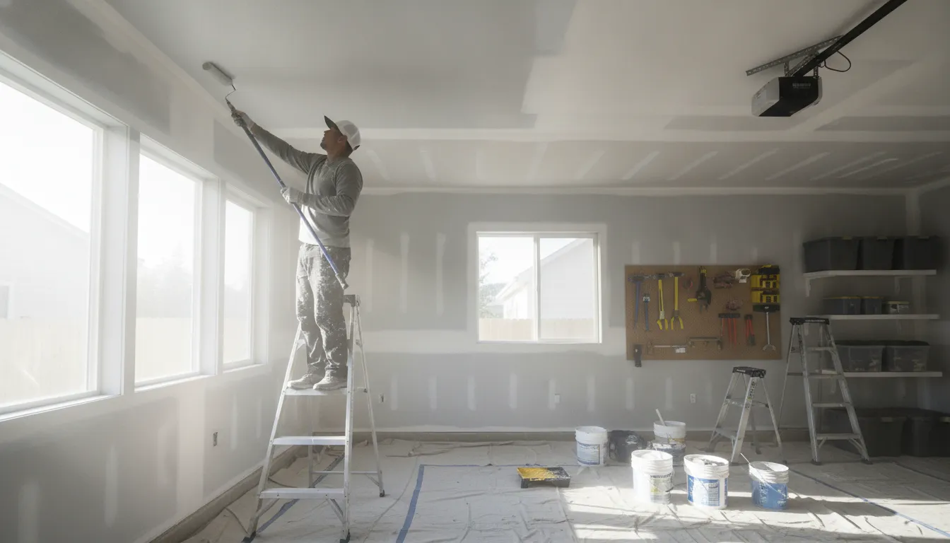 Professional painter applying paint to garage interior walls with roller and brush in a bright residential garage