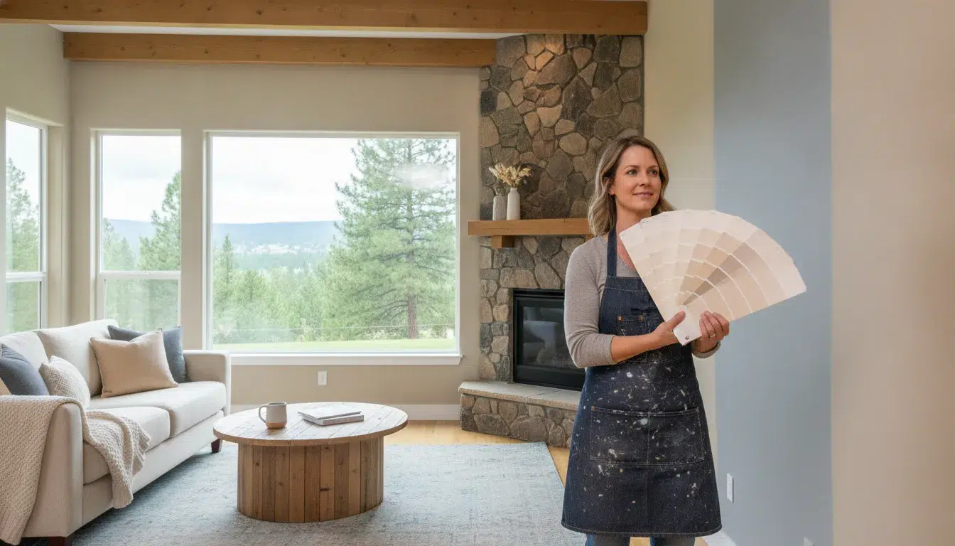 Interior painter holding a fan deck of neutral paint swatches beside freshly painted warm-gray walls in a bright Boise living room