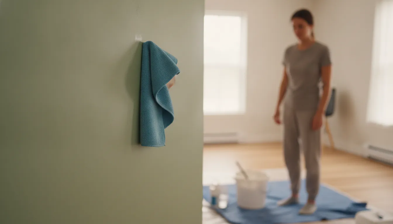 Homeowner gently wiping a soft microfiber cloth down a freshly painted living room wall