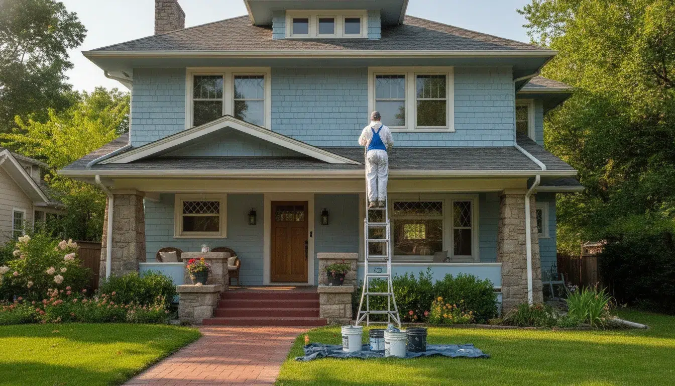 Professional painter applying exterior house paint to a two-story Boise home