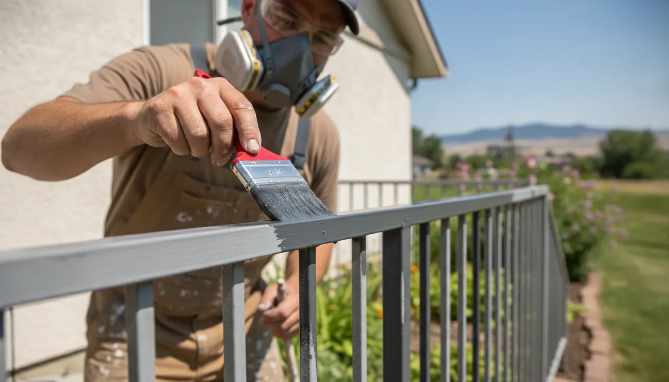 Professional painter finishing a metal railing on a Boise home exterior