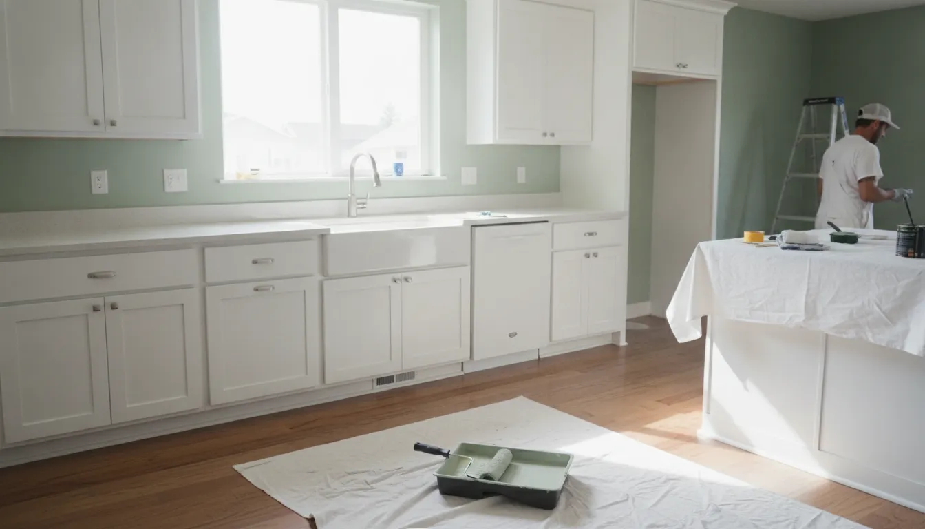 Bright Boise kitchen with freshly painted sage green walls and white cabinets