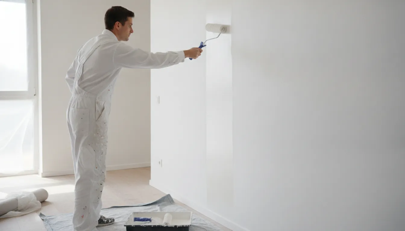 Professional painter applying white primer to a freshly prepped interior wall with a paint roller