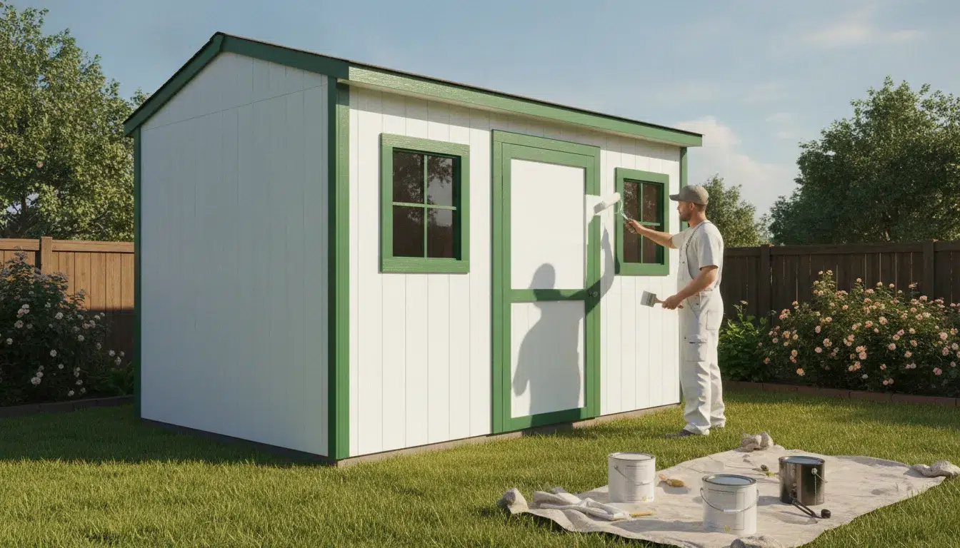 Freshly painted backyard garden shed on a sunny Treasure Valley lawn