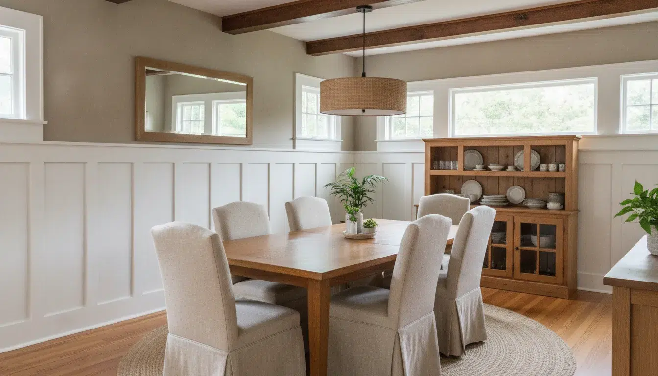 Freshly painted wainscoting and chair rail in a bright Boise dining room