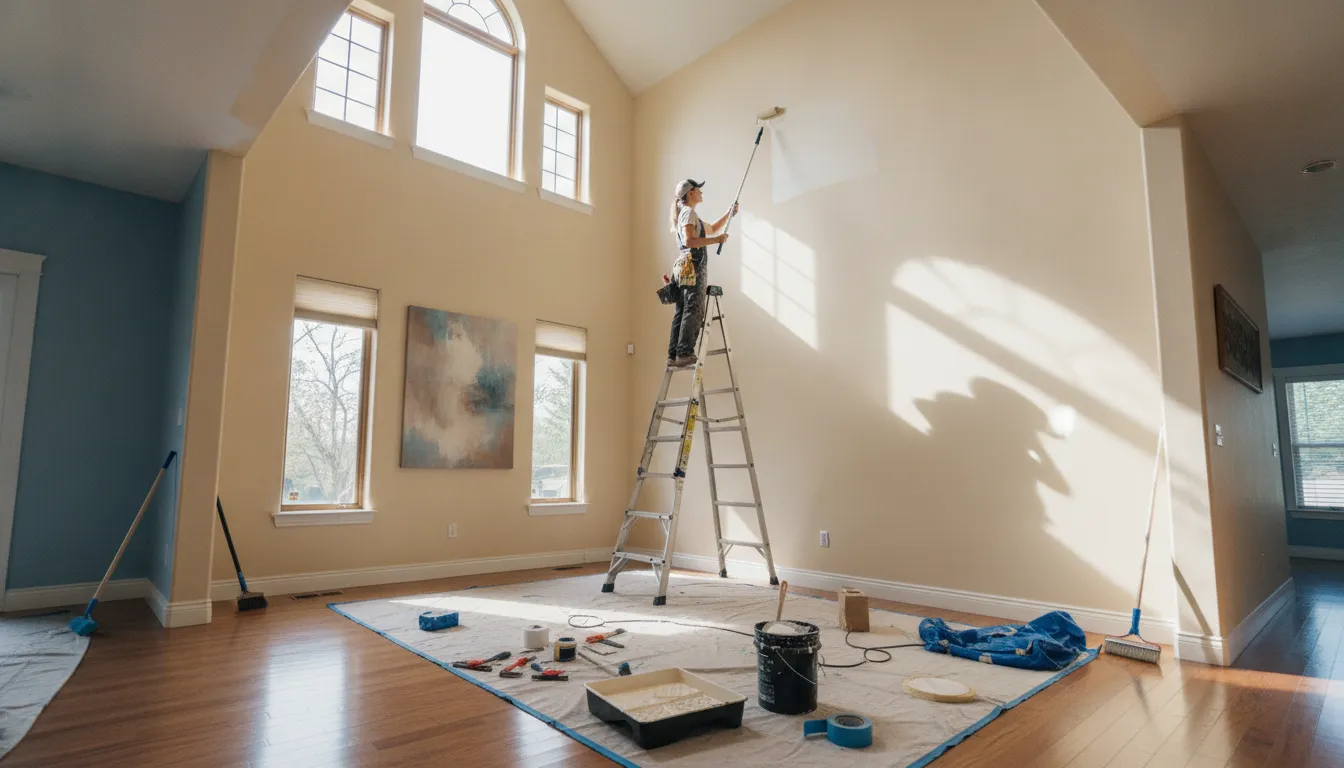 Professional painter painting a tall two-story foyer wall with a vaulted ceiling