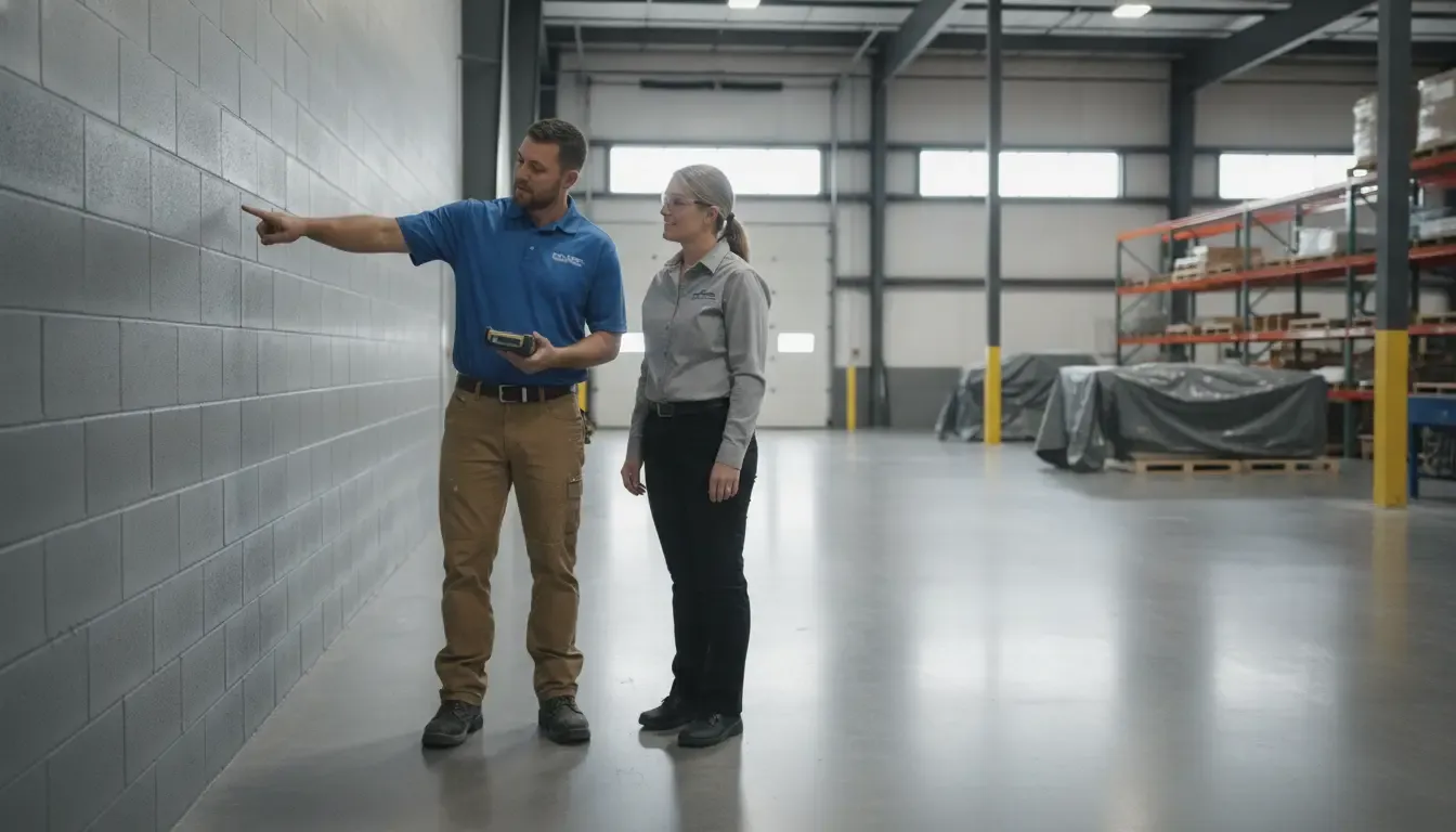 Commercial coating contractor inspecting a warehouse wall with a Boise facility manager