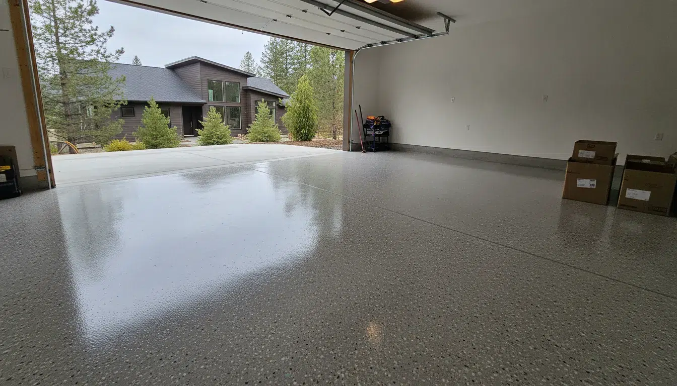 Freshly finished concrete floor coating in a Boise area garage