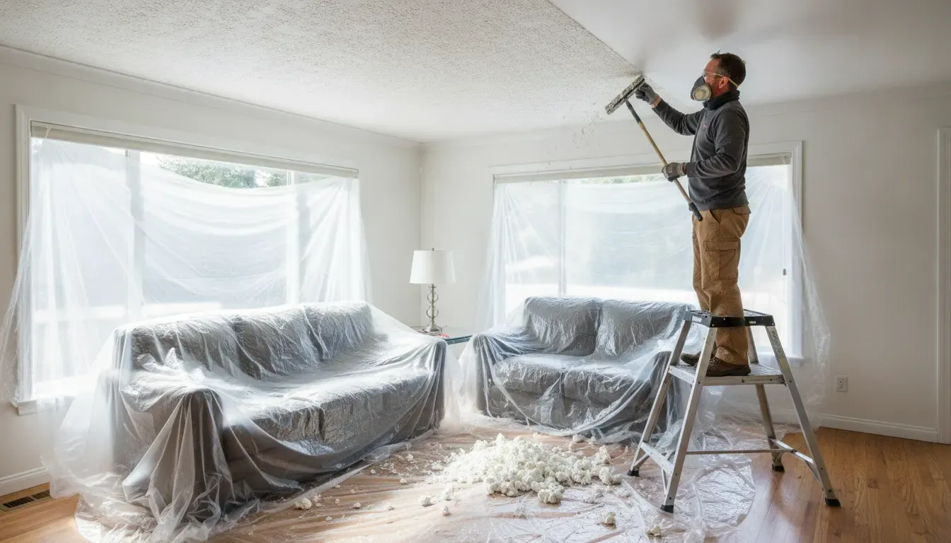 Boise homeowner removing popcorn ceiling texture in a protected living room