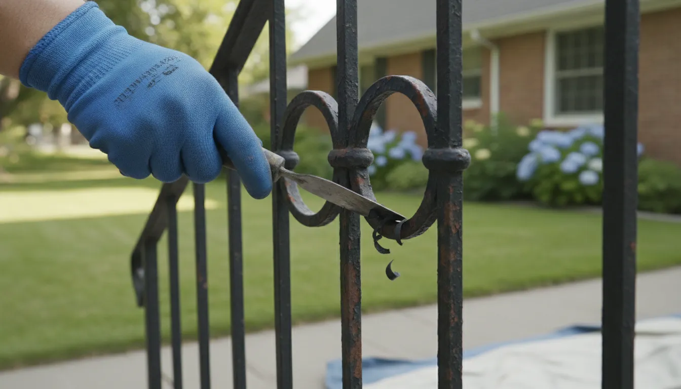 Carefully scraping old paint from an outdoor metal railing