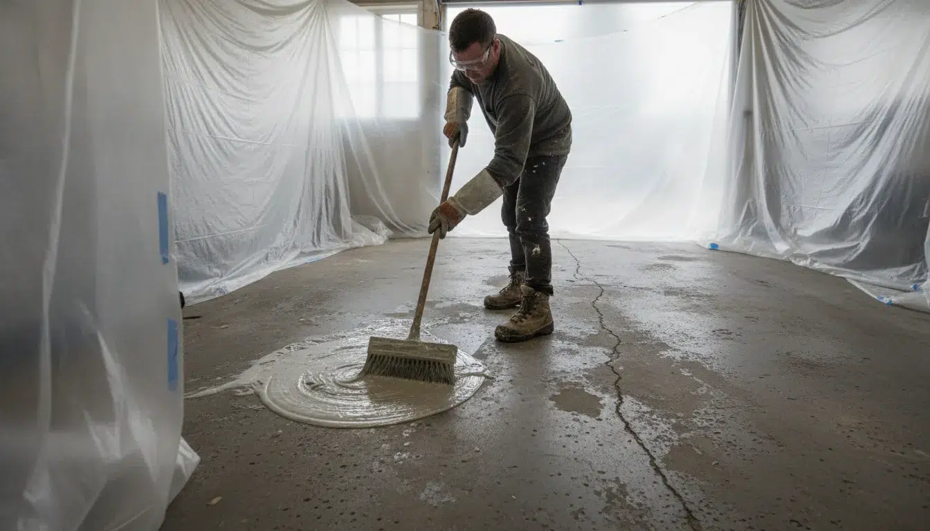 Professional applying paint stripper to a concrete floor during safe surface preparation